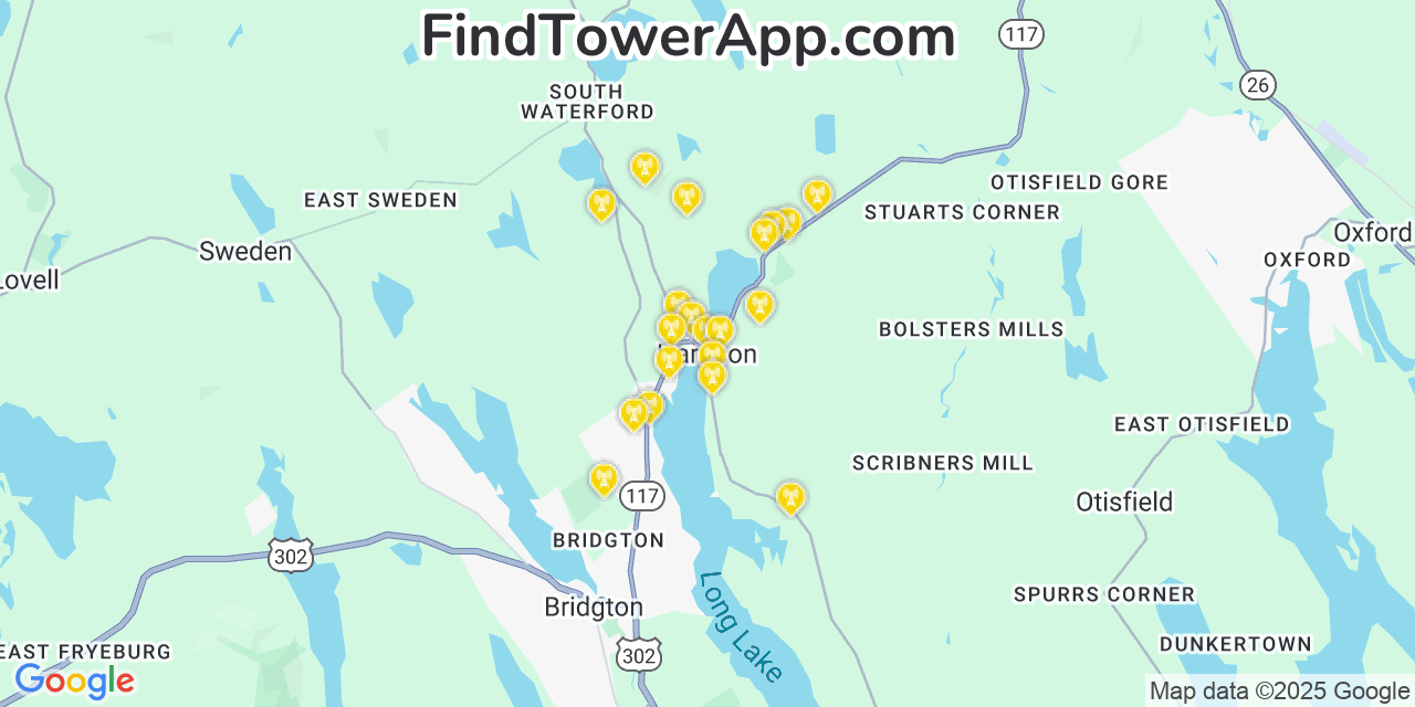 Map showing the 20 primary cell tower locations detected in Harrison, Maine from AT&T, Verizon, and T-Mobile networks