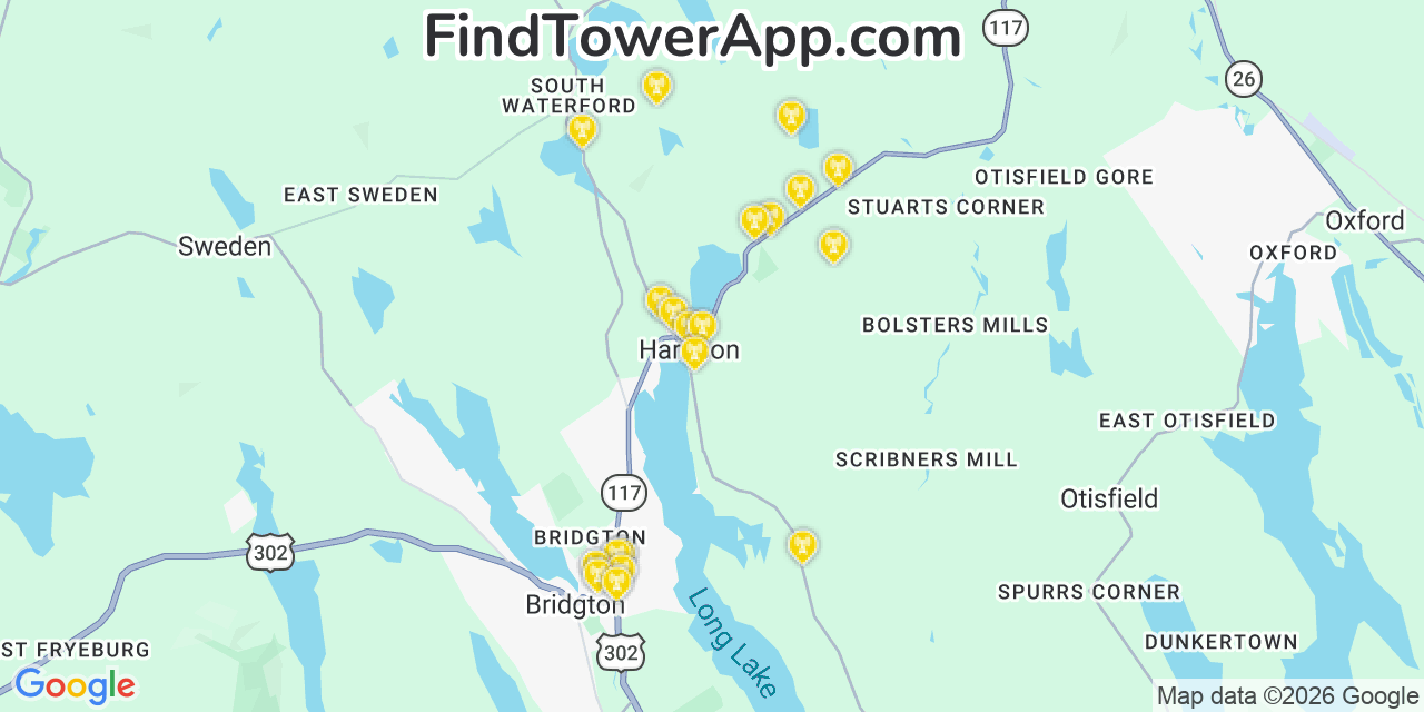 Map showing the 20 primary cell tower locations detected in Harrison, Maine from AT&T, Verizon, and T-Mobile networks