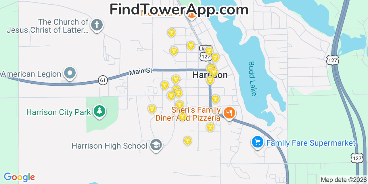 Map showing the 20 primary cell tower locations detected in Harrison, Michigan from AT&T, Verizon, and T-Mobile networks