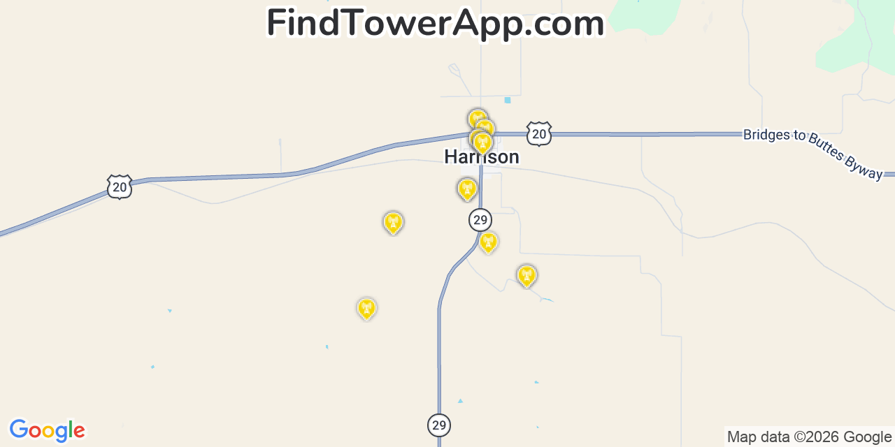 Map showing the 20 primary cell tower locations detected in Harrison, Nebraska from AT&T, Verizon, and T-Mobile networks