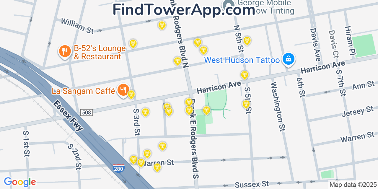 Map showing the 20 primary cell tower locations detected in Harrison, New Jersey from AT&T, Verizon, and T-Mobile networks