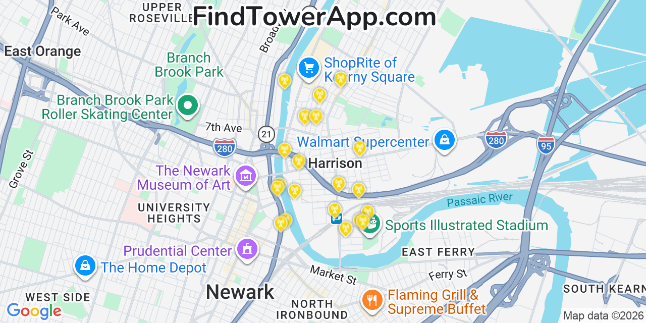 Map showing the 20 primary cell tower locations detected in Harrison, New Jersey from AT&T, Verizon, and T-Mobile networks