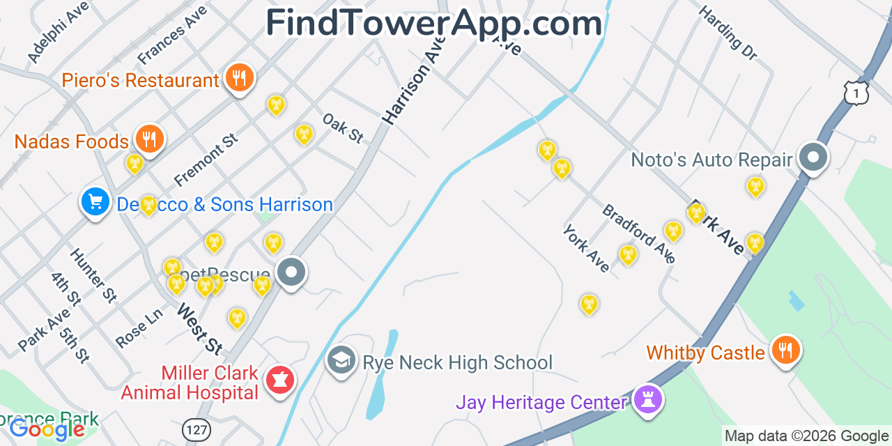 Map showing the 20 primary cell tower locations detected in Harrison, New York from AT&T, Verizon, and T-Mobile networks