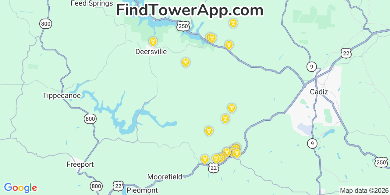 Map showing the 20 primary cell tower locations detected in Harrison, Ohio from AT&T, Verizon, and T-Mobile networks