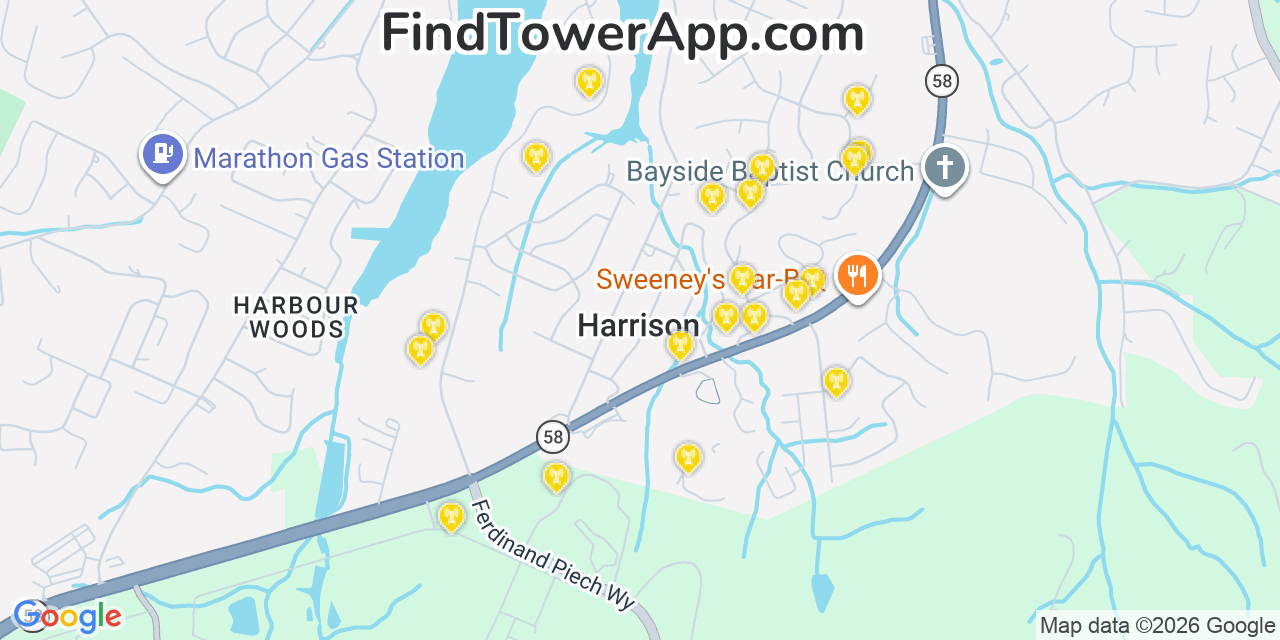 Map showing the 20 primary cell tower locations detected in Harrison, Tennessee from AT&T, Verizon, and T-Mobile networks