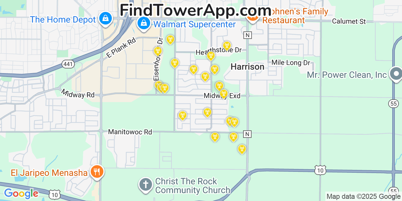 Map showing the 20 primary cell tower locations detected in Harrison, Wisconsin from AT&T, Verizon, and T-Mobile networks