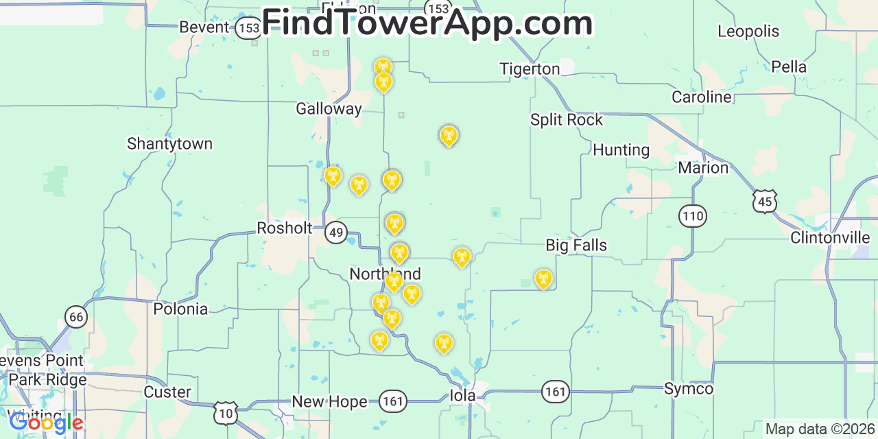 Map showing the 20 primary cell tower locations detected in Harrison, Wisconsin from AT&T, Verizon, and T-Mobile networks
