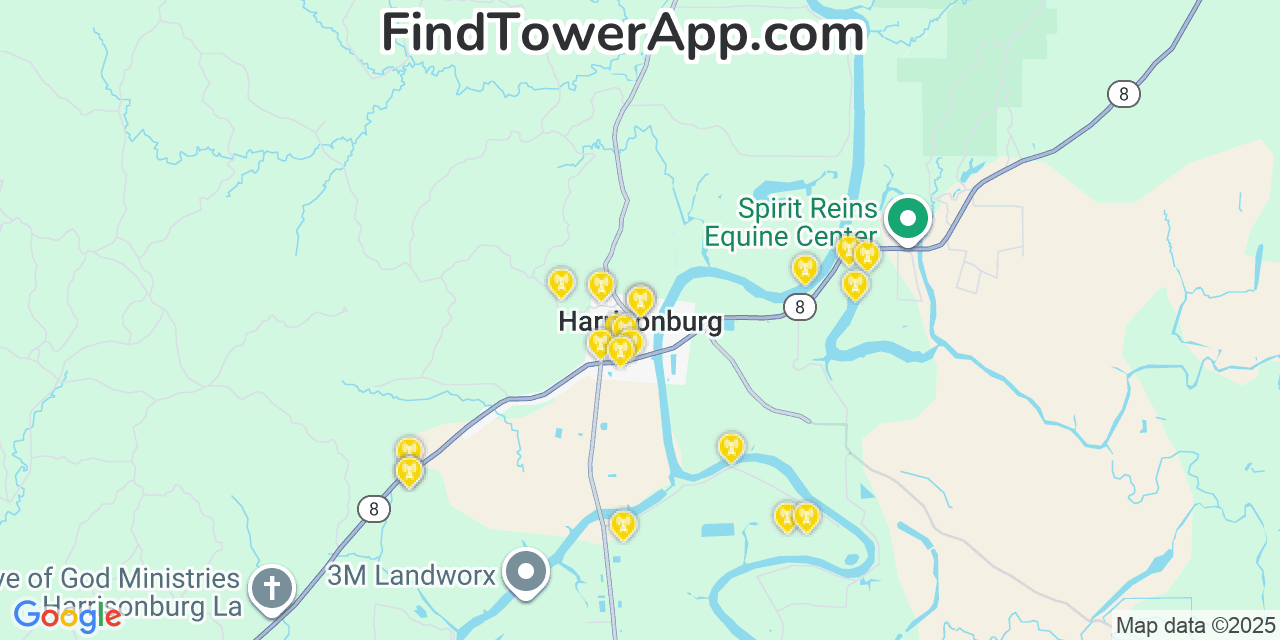 Map showing the 20 primary cell tower locations detected in Harrisonburg, Louisiana from AT&T, Verizon, and T-Mobile networks