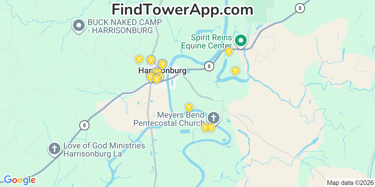 Map showing the 20 primary cell tower locations detected in Harrisonburg, Louisiana from AT&T, Verizon, and T-Mobile networks
