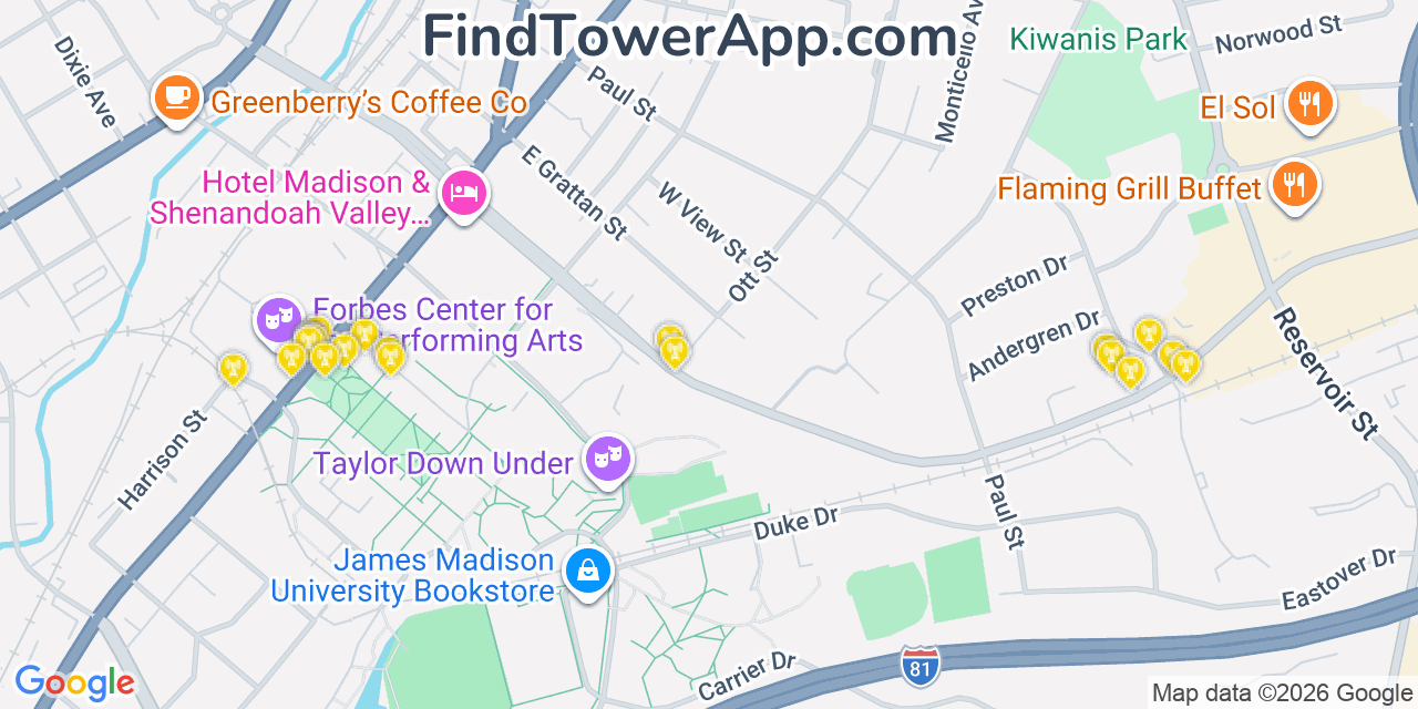 Map showing the 20 primary cell tower locations detected in Harrisonburg, Virginia from AT&T, Verizon, and T-Mobile networks