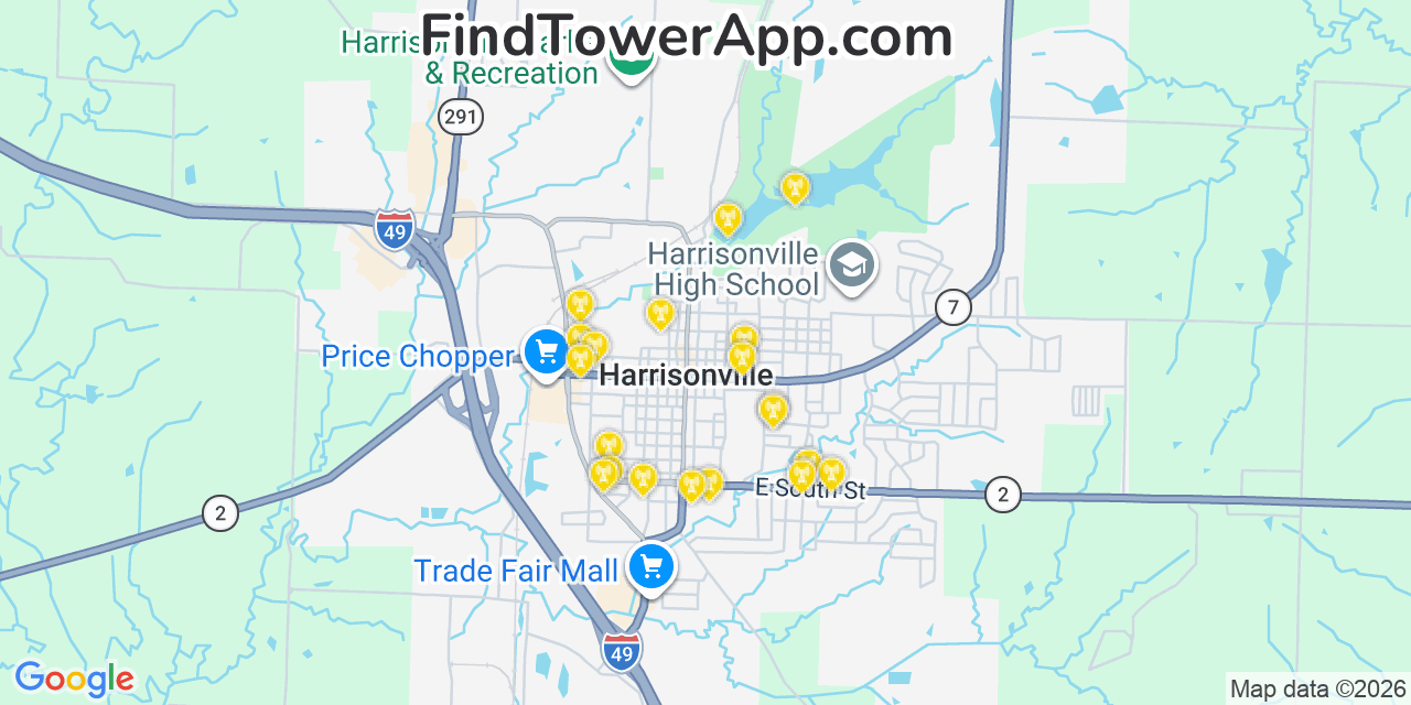Map showing the 20 primary cell tower locations detected in Harrisonville, Missouri from AT&T, Verizon, and T-Mobile networks