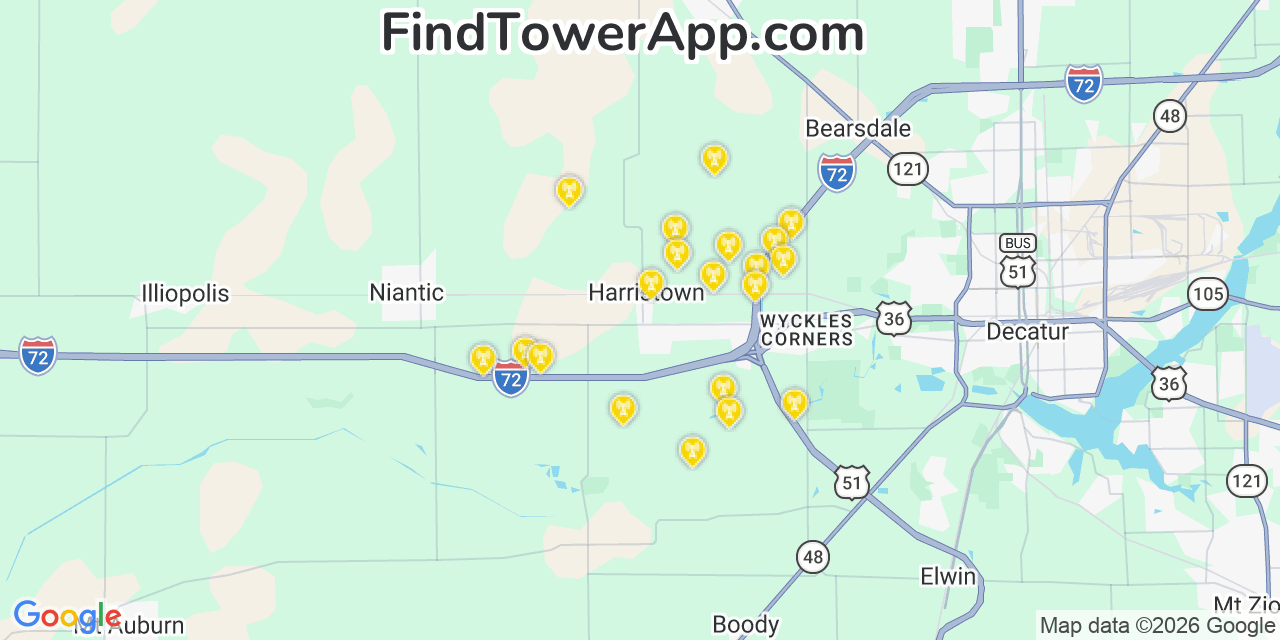 Map showing the 20 primary cell tower locations detected in Harristown, Illinois from AT&T, Verizon, and T-Mobile networks