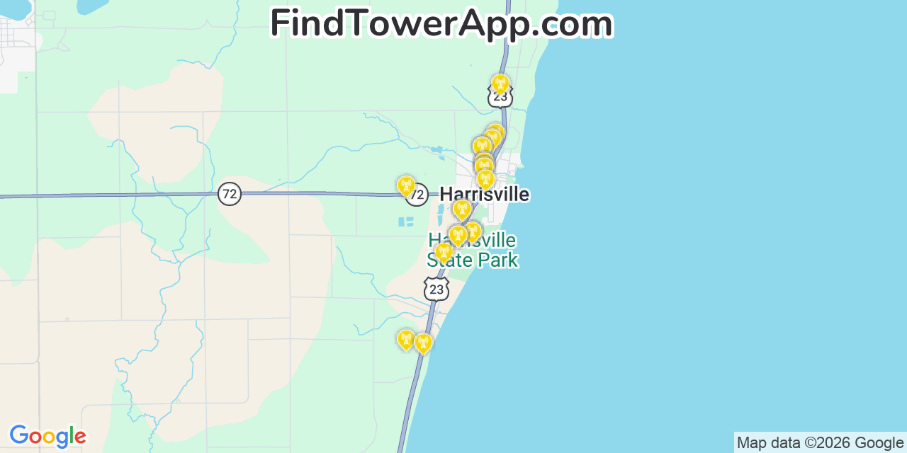 Map showing the 20 primary cell tower locations detected in Harrisville, Michigan from AT&T, Verizon, and T-Mobile networks