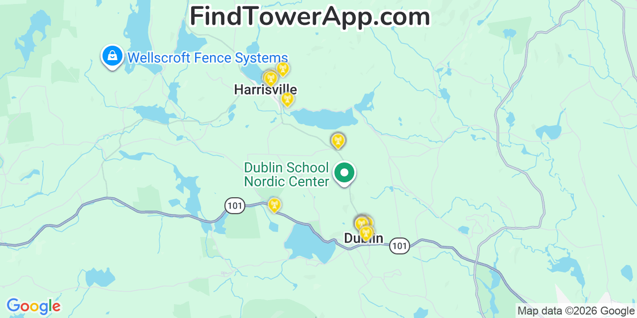 Map showing the 20 primary cell tower locations detected in Harrisville, New Hampshire from AT&T, Verizon, and T-Mobile networks