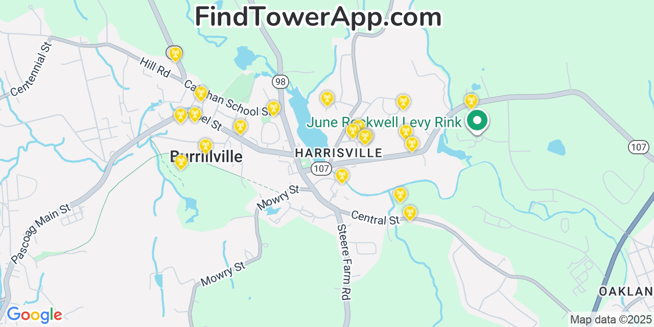 Map showing the 20 primary cell tower locations detected in Harrisville, Rhode Island from AT&T, Verizon, and T-Mobile networks