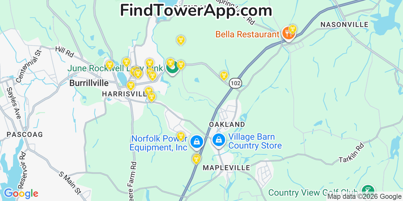 Map showing the 20 primary cell tower locations detected in Harrisville, Rhode Island from AT&T, Verizon, and T-Mobile networks