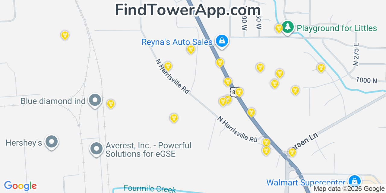 Map showing the 20 primary cell tower locations detected in Harrisville, Utah from AT&T, Verizon, and T-Mobile networks