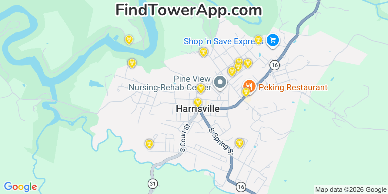 Map showing the 20 primary cell tower locations detected in Harrisville, West Virginia from AT&T, Verizon, and T-Mobile networks