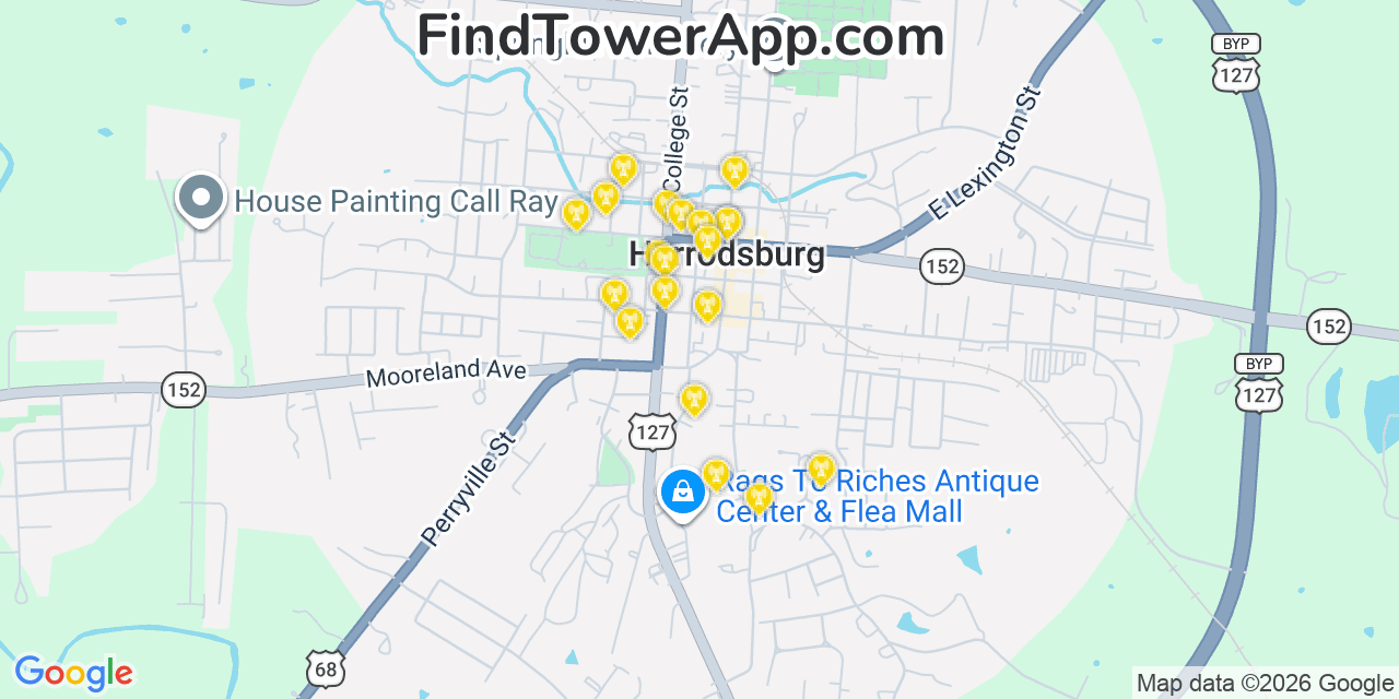 Map showing the 20 primary cell tower locations detected in Harrodsburg, Kentucky from AT&T, Verizon, and T-Mobile networks