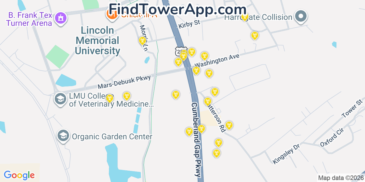 Map showing the 20 primary cell tower locations detected in Harrogate, Tennessee from AT&T, Verizon, and T-Mobile networks