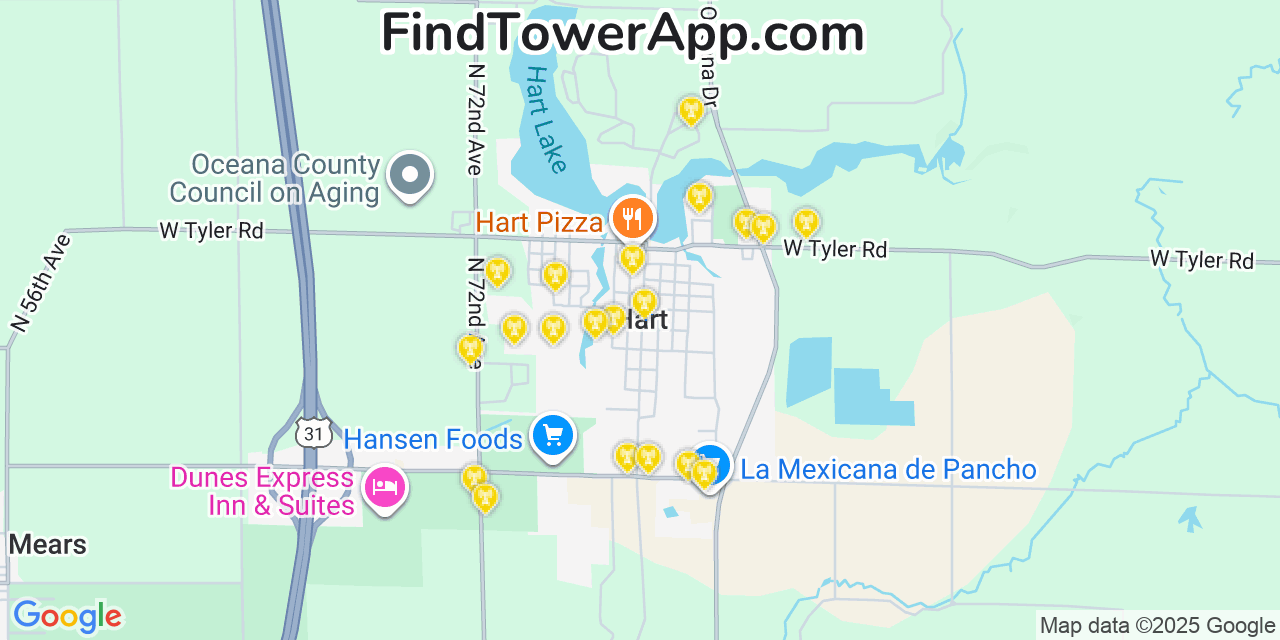 Map showing the 20 primary cell tower locations detected in Hart, Michigan from AT&T, Verizon, and T-Mobile networks