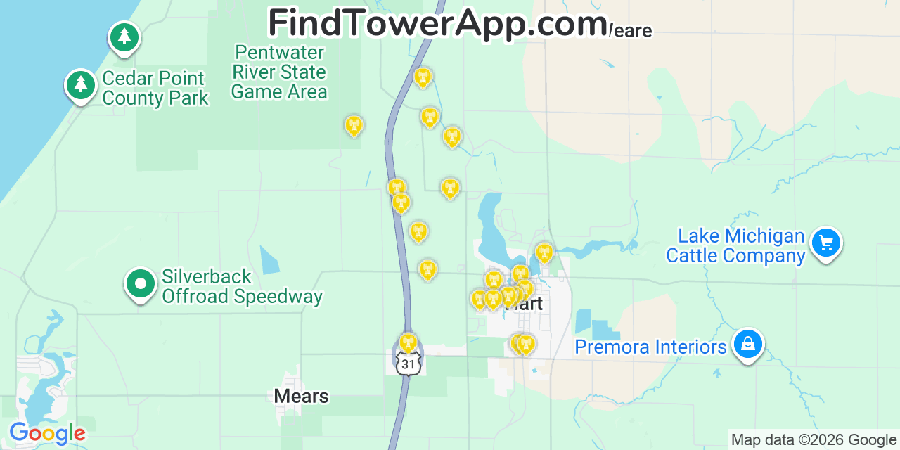 Map showing the 20 primary cell tower locations detected in Hart, Michigan from AT&T, Verizon, and T-Mobile networks