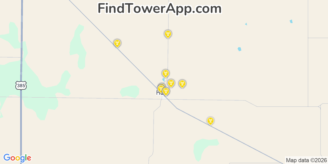 Map showing the 20 primary cell tower locations detected in Hart, Texas from AT&T, Verizon, and T-Mobile networks