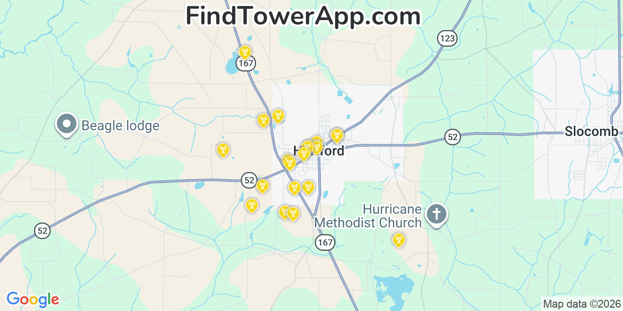 Map showing the 20 primary cell tower locations detected in Hartford, Alabama from AT&T, Verizon, and T-Mobile networks