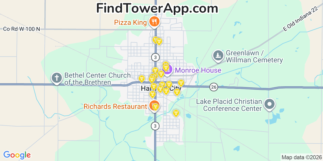Map showing the 20 primary cell tower locations detected in Hartford City, Indiana from AT&T, Verizon, and T-Mobile networks