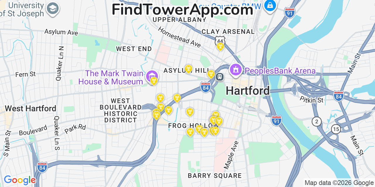 Map showing the 20 primary cell tower locations detected in Hartford, Connecticut from AT&T, Verizon, and T-Mobile networks