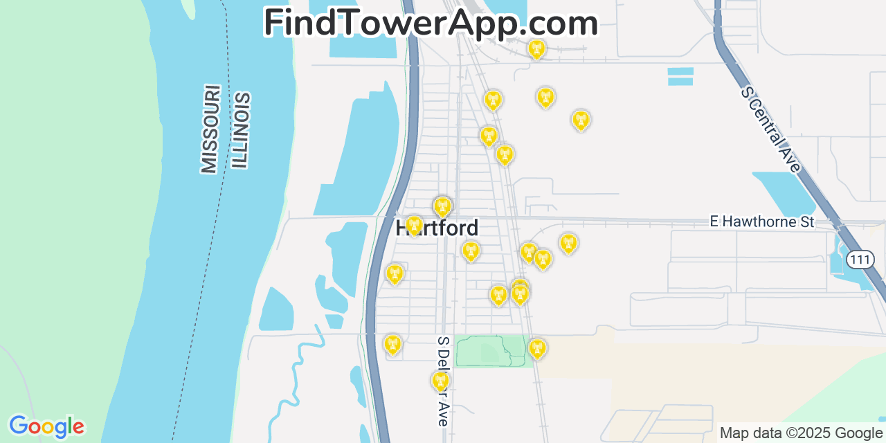 Map showing the 20 primary cell tower locations detected in Hartford, Illinois from AT&T, Verizon, and T-Mobile networks