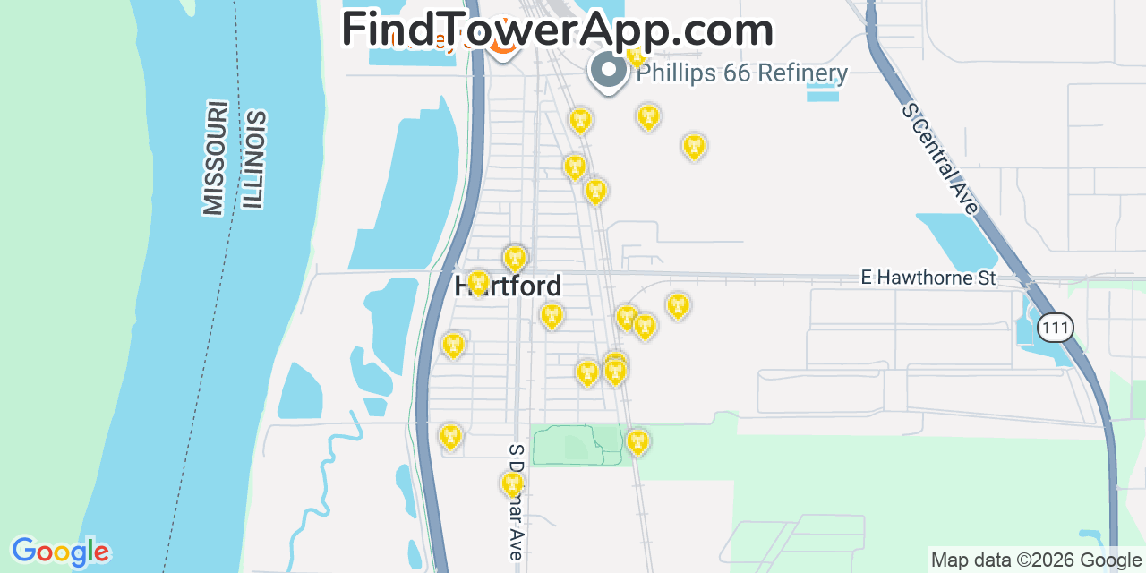 Map showing the 20 primary cell tower locations detected in Hartford, Illinois from AT&T, Verizon, and T-Mobile networks