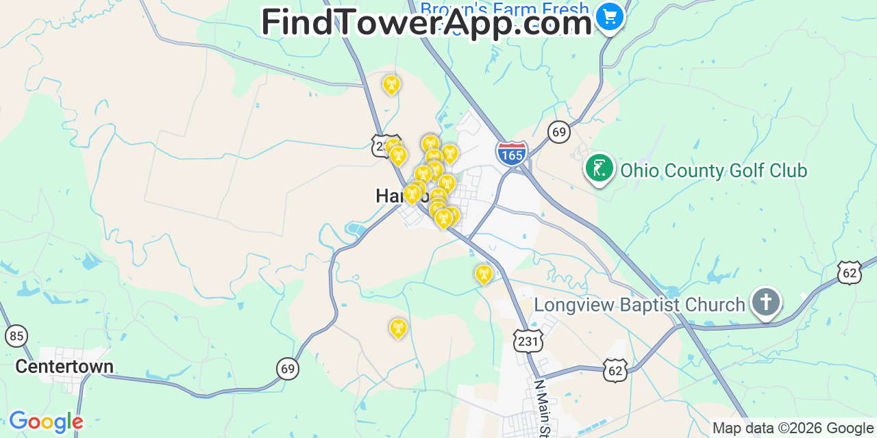 Map showing the 20 primary cell tower locations detected in Hartford, Kentucky from AT&T, Verizon, and T-Mobile networks