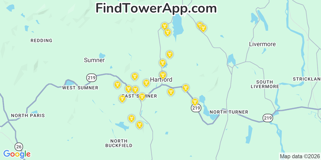 Map showing the 20 primary cell tower locations detected in Hartford, Maine from AT&T, Verizon, and T-Mobile networks