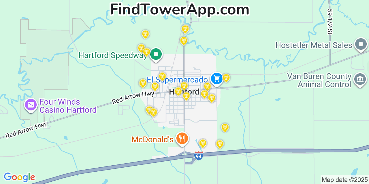 Map showing the 20 primary cell tower locations detected in Hartford, Michigan from AT&T, Verizon, and T-Mobile networks