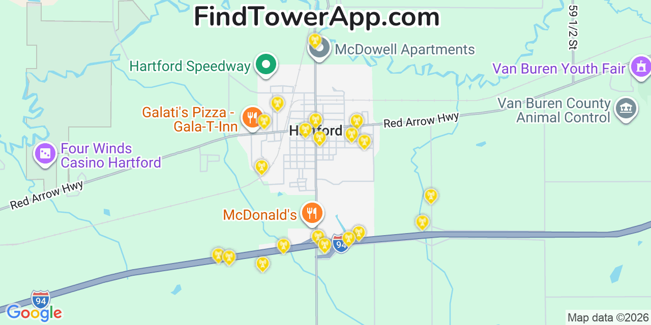 Map showing the 20 primary cell tower locations detected in Hartford, Michigan from AT&T, Verizon, and T-Mobile networks