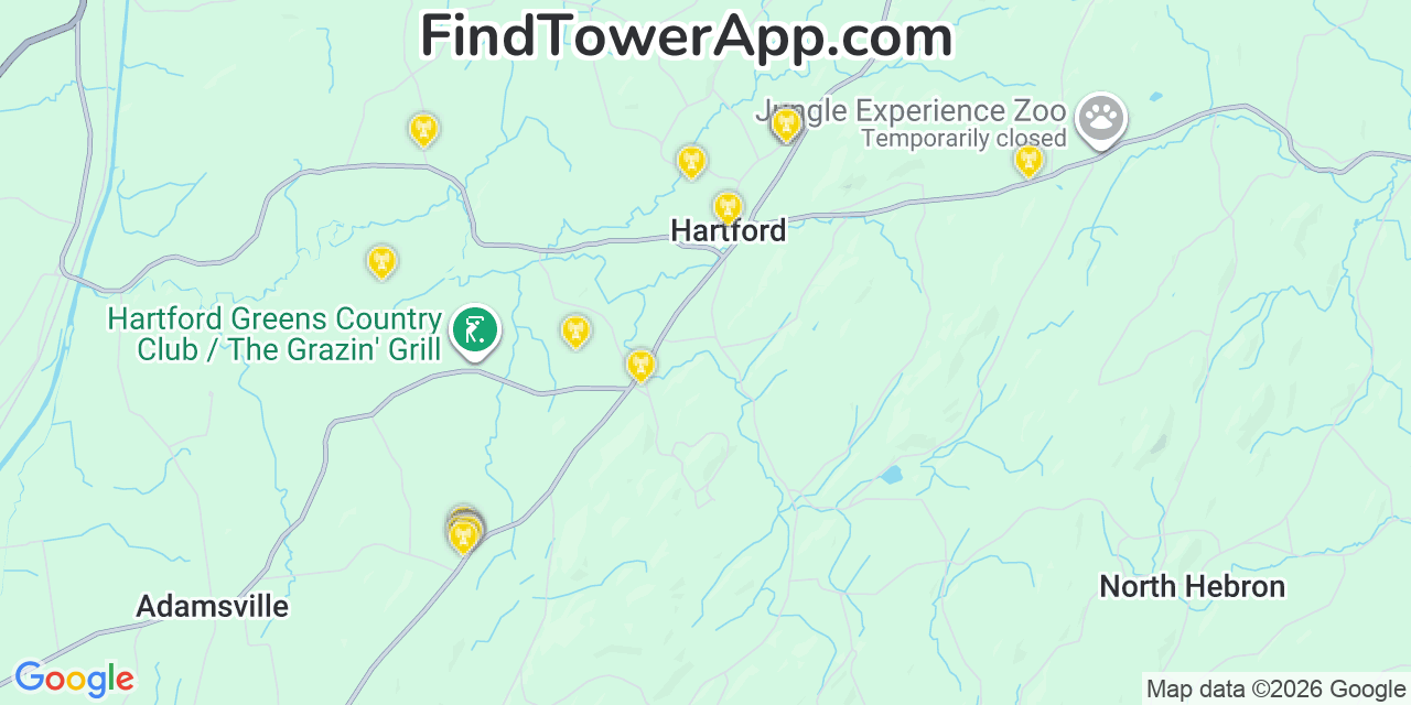 Map showing the 20 primary cell tower locations detected in Hartford, New York from AT&T, Verizon, and T-Mobile networks