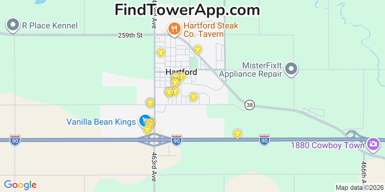 Map showing the 20 primary cell tower locations detected in Hartford, South Dakota from AT&T, Verizon, and T-Mobile networks