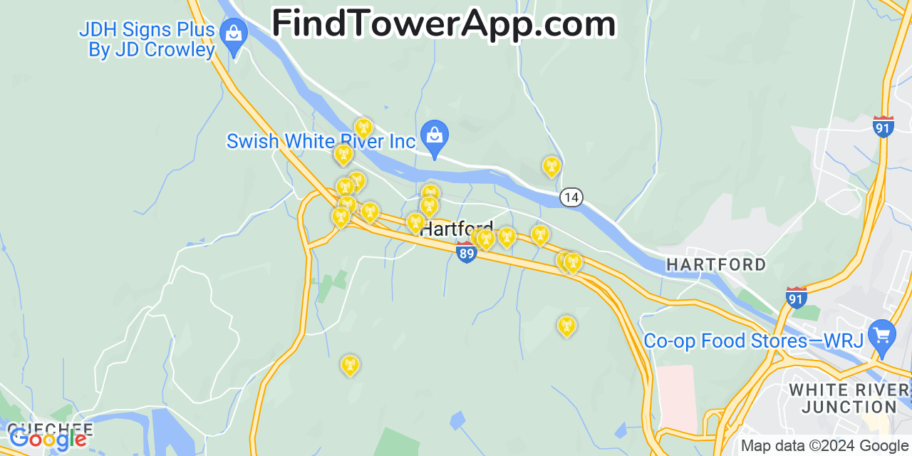 AT&T 4G/5G cell tower coverage map Hartford, Vermont