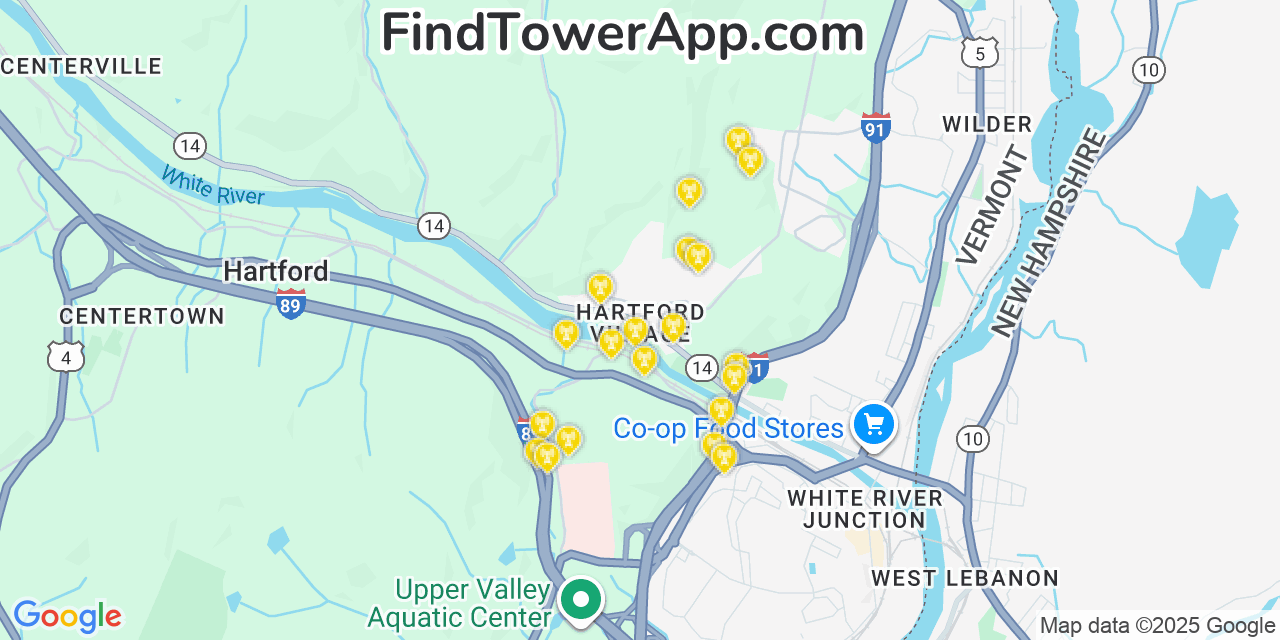 Map showing the 20 primary cell tower locations detected in Hartford, Vermont from AT&T, Verizon, and T-Mobile networks
