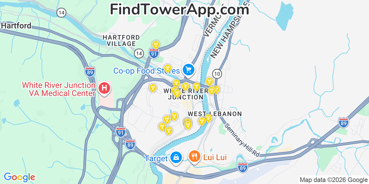 Map showing the 20 primary cell tower locations detected in Hartford, Vermont from AT&T, Verizon, and T-Mobile networks