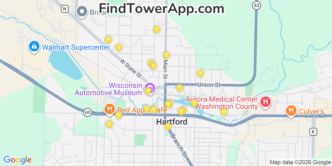 Map showing the 20 primary cell tower locations detected in Hartford, Wisconsin from AT&T, Verizon, and T-Mobile networks