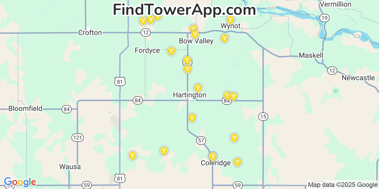 Map showing the 20 primary cell tower locations detected in Hartington, Nebraska from AT&T, Verizon, and T-Mobile networks