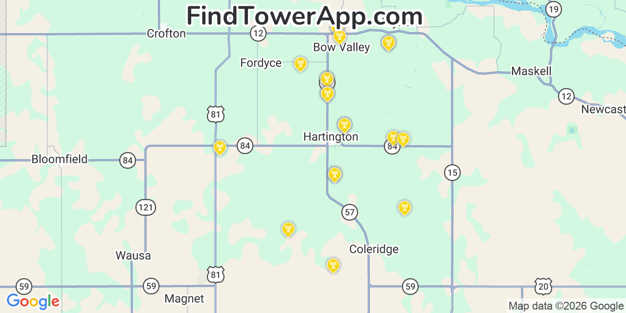 Map showing the 20 primary cell tower locations detected in Hartington, Nebraska from AT&T, Verizon, and T-Mobile networks