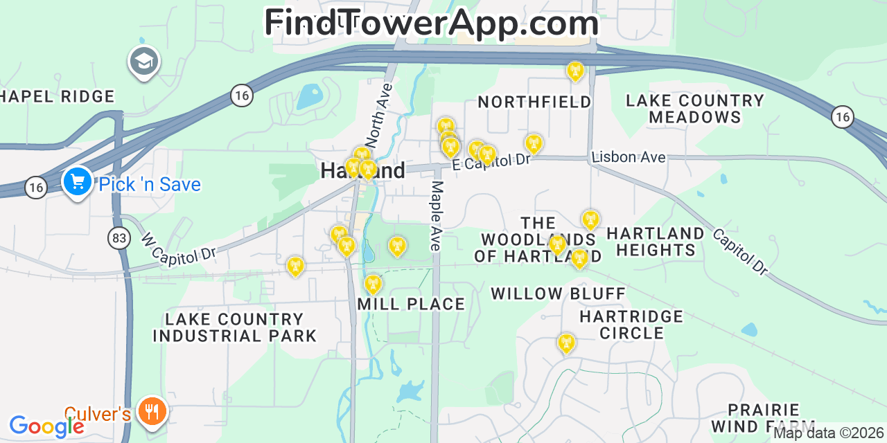 Map showing the 20 primary cell tower locations detected in Hartland, Wisconsin from AT&T, Verizon, and T-Mobile networks