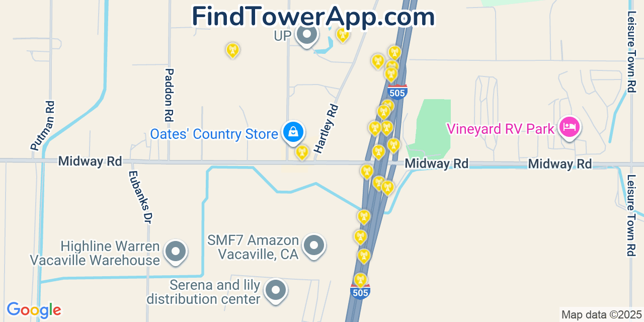 Map showing the 20 primary cell tower locations detected in Hartley, California from AT&T, Verizon, and T-Mobile networks