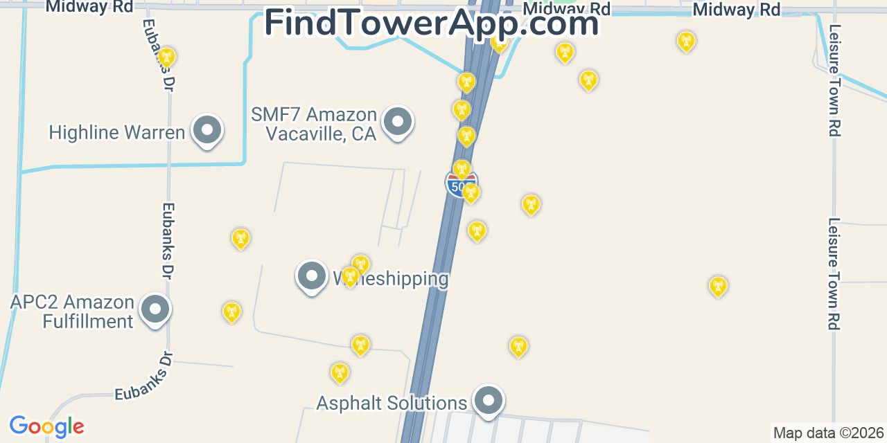 Map showing the 20 primary cell tower locations detected in Hartley, California from AT&T, Verizon, and T-Mobile networks