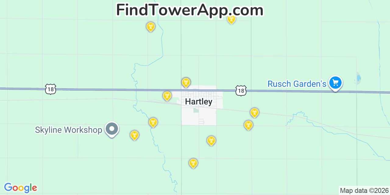 Map showing the 20 primary cell tower locations detected in Hartley, Iowa from AT&T, Verizon, and T-Mobile networks
