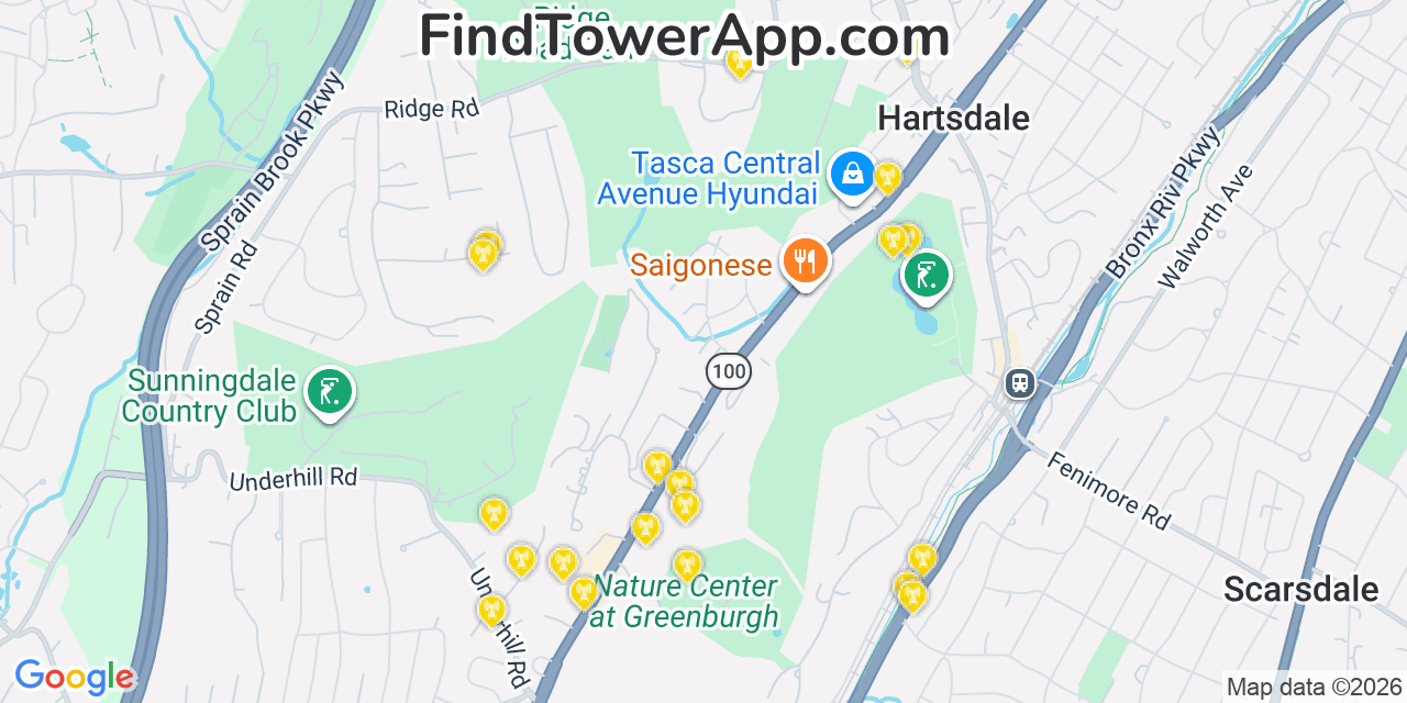 Map showing the 20 primary cell tower locations detected in Hartsdale, New York from AT&T, Verizon, and T-Mobile networks