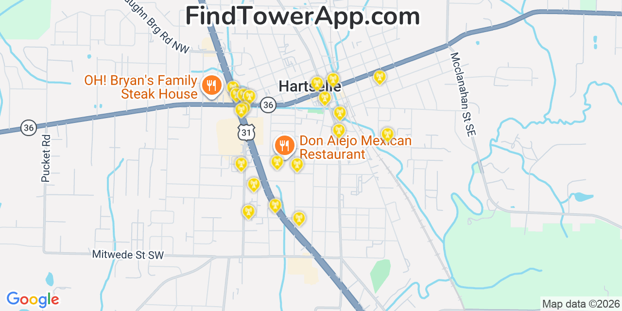 Map showing the 20 primary cell tower locations detected in Hartselle, Alabama from AT&T, Verizon, and T-Mobile networks